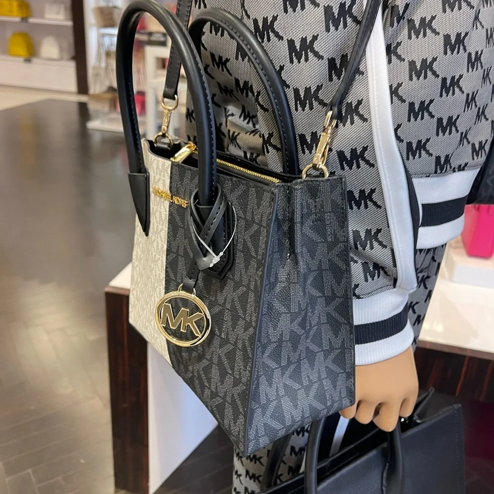 Michael Kors Mercer Md Two-Tone Logo Crossbody Messenger Black Multi Purse NWT